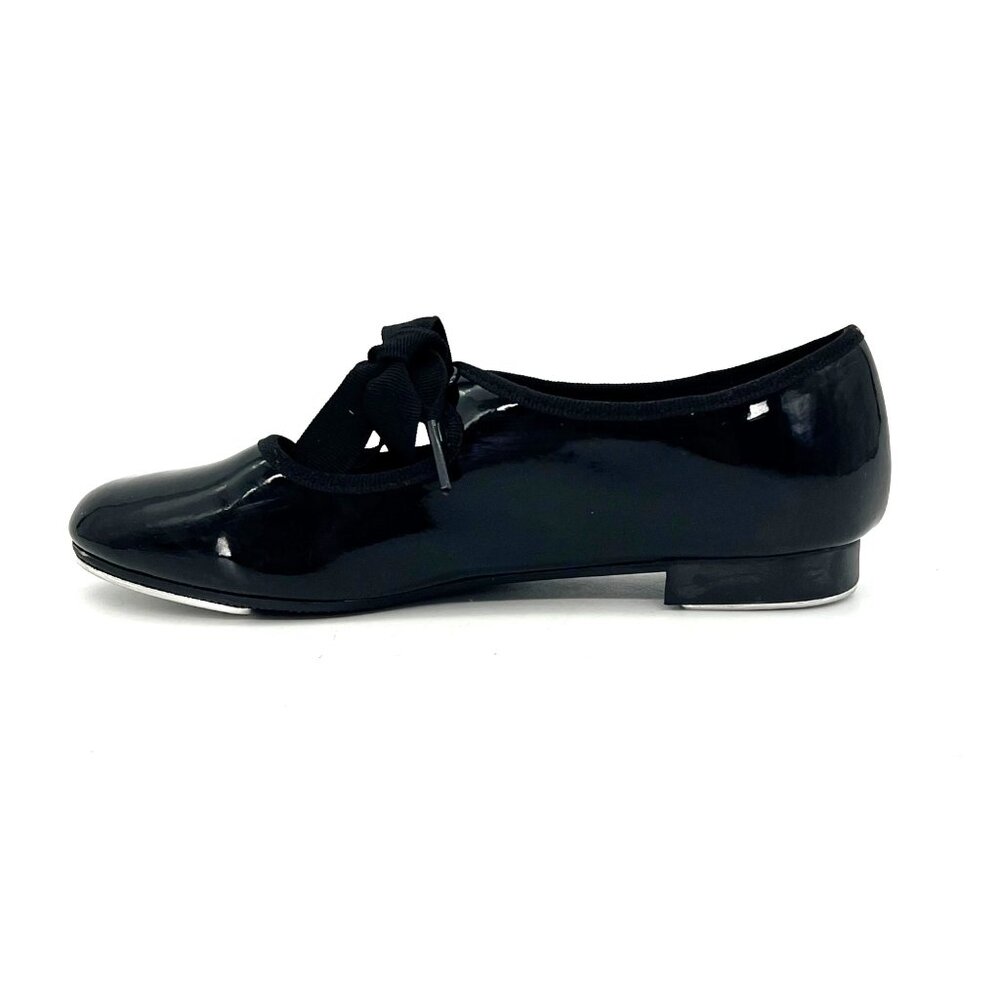 Dance Class Trimfoot Tap Shoes Girls Size 2 Black Patent Faux Leather Ribbon Tie - Picture 10 of 15